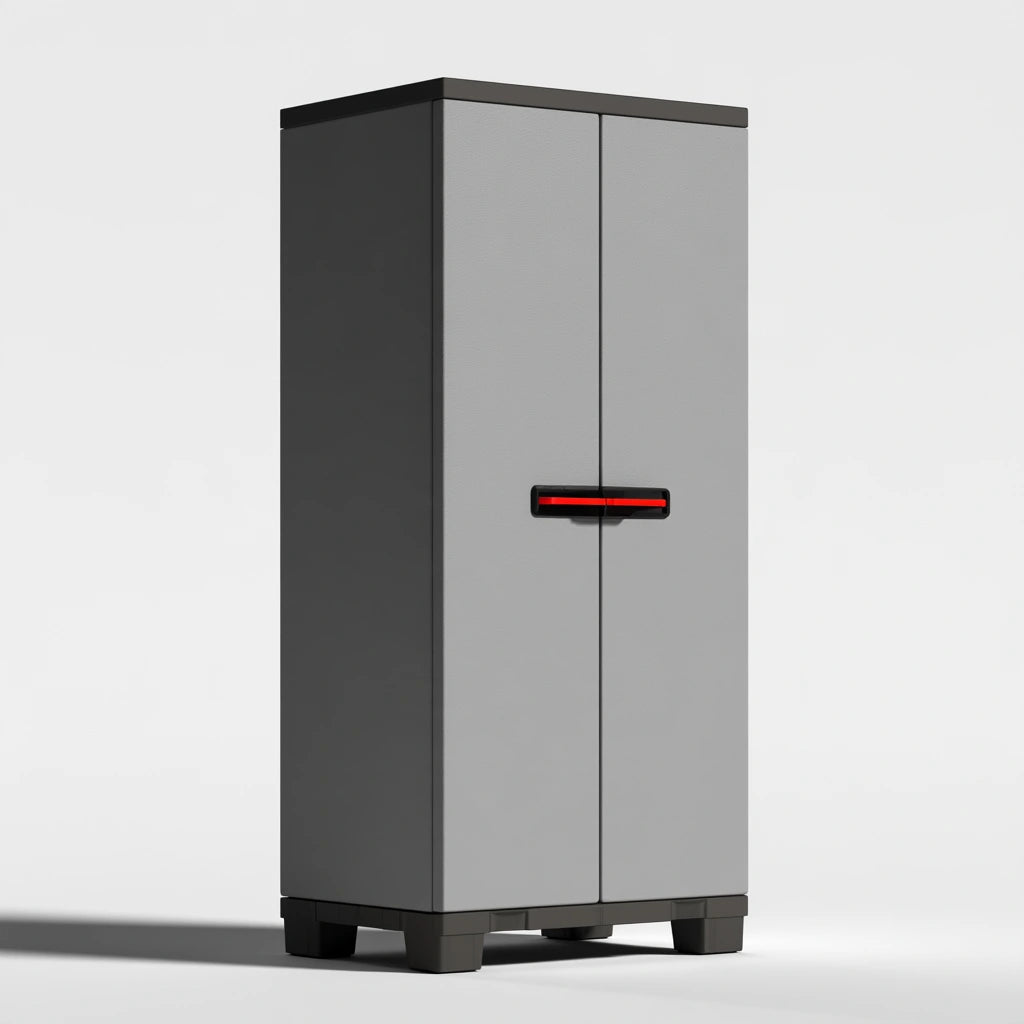 Tour de rangement étroite en plastique à deux portes, coloris gris