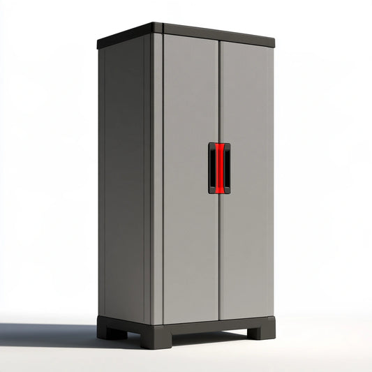 Tour de rangement étroite en plastique à deux portes, coloris gris