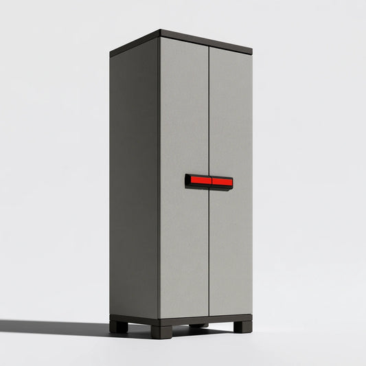 Tour de rangement étroite en plastique à deux portes, coloris gris