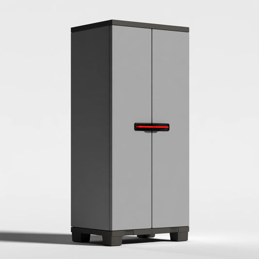 Tour de rangement étroite en plastique à deux portes, coloris gris